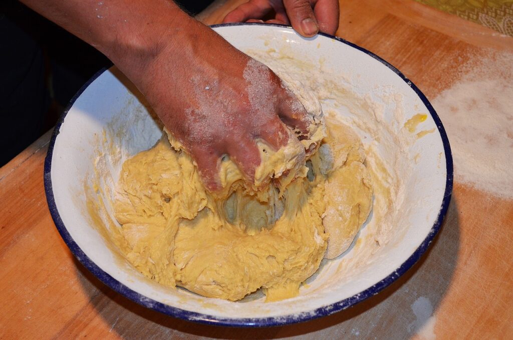 cake yeast, kneading dough, the bowl