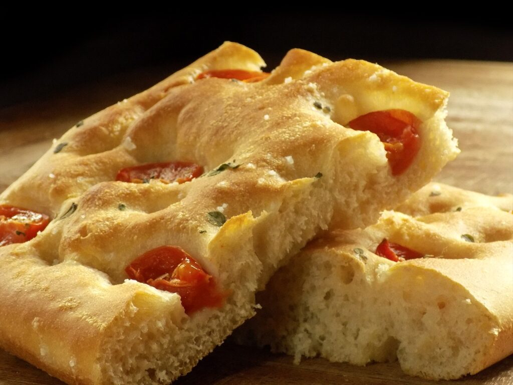 focaccia, cherry tomatoes, bread